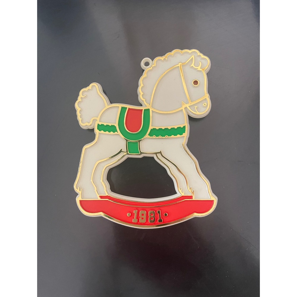 Vintage 1981 Hallmark Rocking Horse Christmas Ornament White Red Green Gold